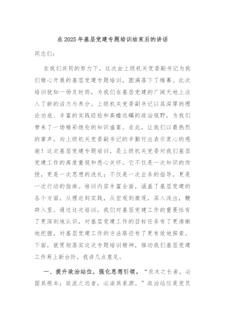 在2025年基层党建专题培训结束后的讲话