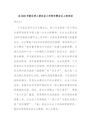 在2025年新区党工委社会工作部专题会议上的讲话