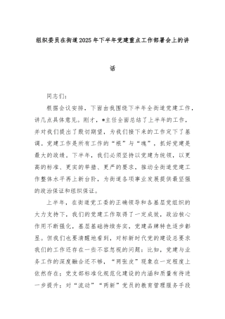 组织委员在街道2025年下半年党建重点工作部署会上的讲话