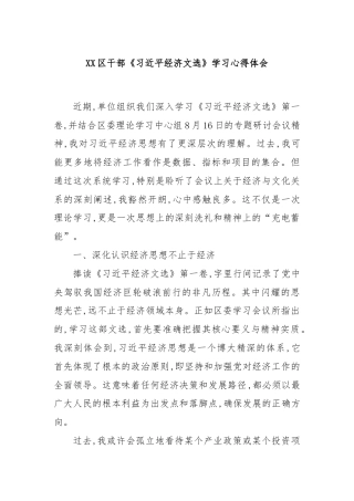 XX区干部《习总书记经济文选》学习心得体会