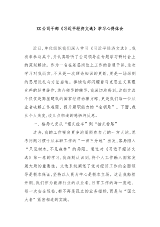 XX公司干部《习总书记经济文选》学习心得体会