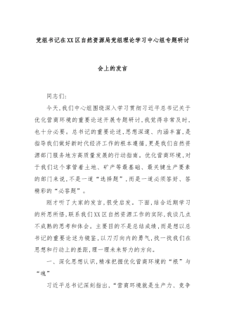 党组书记在XX区自然资源局党组理论学习中心组专题研讨会上的发言