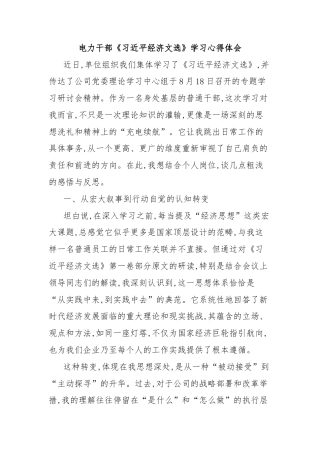 电力干部《习近平经济文选》学习心得体会