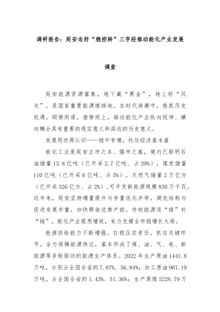 调研报告：延安念好“稳控转”三字经推动能化产业发展调查