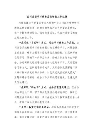 公司党委学习教育总结评估工作汇报