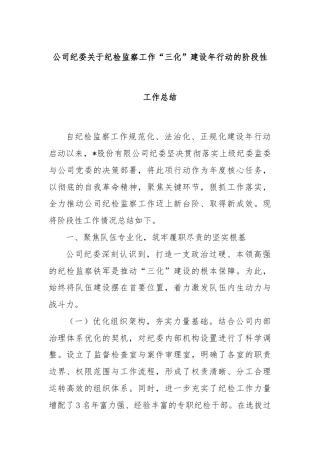 公司纪委关于纪检监察工作“三化”建设年行动的阶段性工作总结