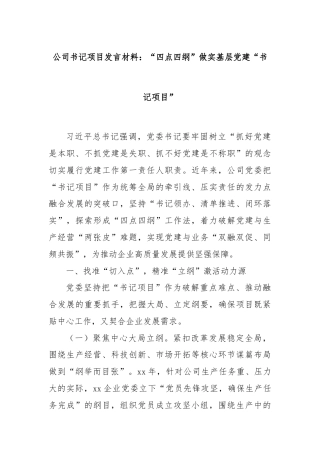 公司书记项目发言材料：“四点四纲”做实基层党建“书记项目”