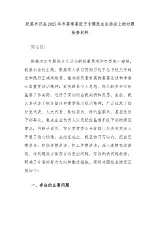 纪委书记在2025年市委常委班子专题民主生活会上的对照检查材料