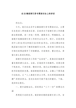 在XX镇招商引资专题培训会上的讲话