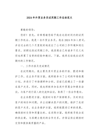 2024年外贸业务员试用期工作总结范文