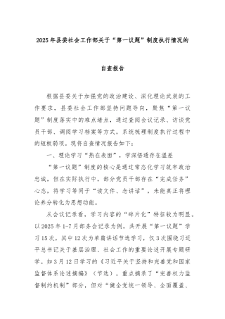 2025年县委社会工作部关于“第一议题”制度执行情况的自查报告