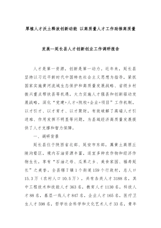 厚植人才沃土释放创新动能 以高质量人才工作助推高质量发展--延长县人才创新创业工作调研报告