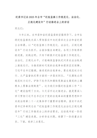纪委书记在2025年全市“纪检监察工作规范化、法治化、正规化建设年”行动推进会上的讲话