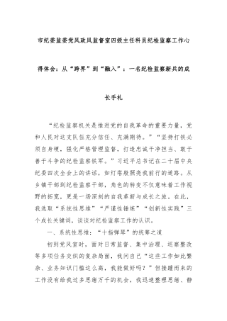 市纪委监委党风政风监督室四级主任科员纪检监察工作心得体会：从“跨界”到“融入”：一名纪检监察新兵的成长手札