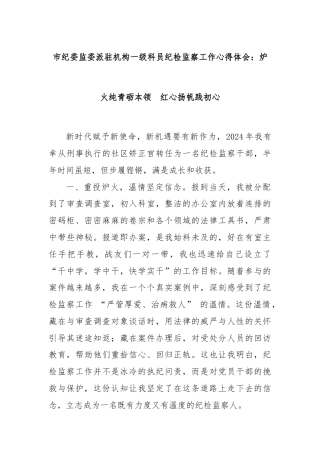 市纪委监委派驻机构一级科员纪检监察工作心得体会：炉火纯青砺本领  红心扬帆践初心