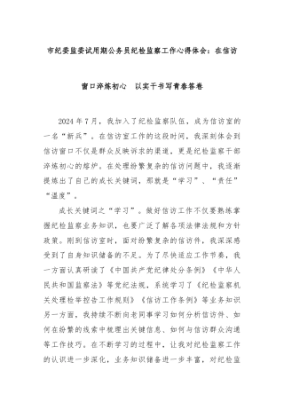 市纪委监委试用期公务员纪检监察工作心得体会：在信访窗口淬炼初心  以实干书写青春答卷