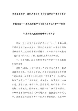 学深悟透笃行　履职尽责有为 努力开创党外中青年干部培养新局面——某统战部长学习习近平总书记中青年干部培训班开班式重要讲话精神心得体会
