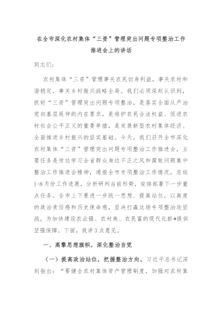 在全市深化农村集体“三资”管理突出问题专项整治工作推进会上的讲话