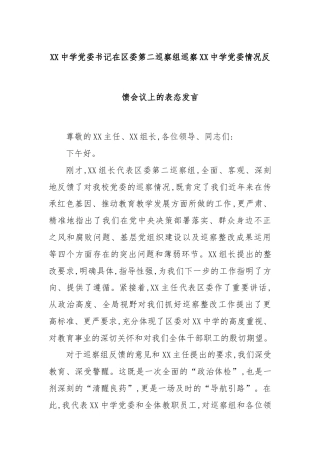 XX中学党委书记在区委第二巡察组巡察XX中学党委情况反馈会议上的表态发言