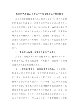 街道办事处2025年度上半年社会救助工作情况报告