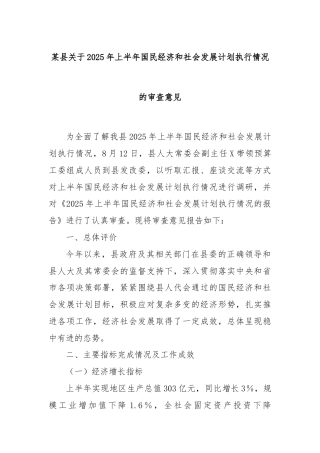 某县关于2025年上半年国民经济和社会发展计划执行情况的审查意见