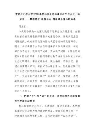 市委书记在全市2025年度加强生态环境保护工作会议上的讲话——擎旗勇进 铁腕治污 精绘绿水青山新画卷