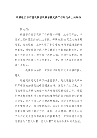 巡察组长在市委巡察组巡察学院党委工作动员会上的讲话