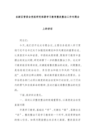 在新区管委会党组研究部署学习教育整改整治工作专题会上的讲话