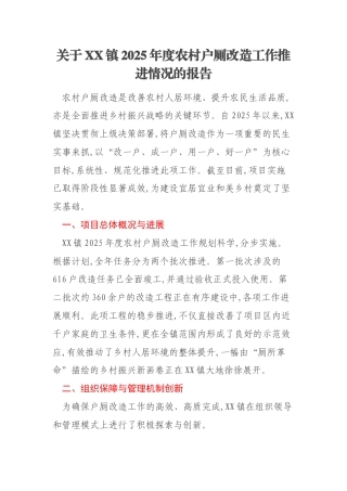 关于XX镇2025年度农村户厕改造工作推进情况的报告