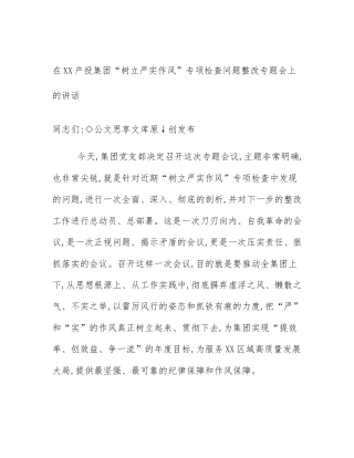在XX产投集团“树立严实作风”专项检查问题整改专题会上的讲话