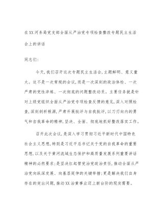 在XX河务局党支部全面从严治党专项检查整改专题民主生活会上的讲话