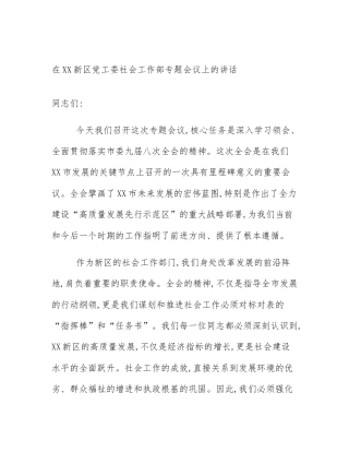 在XX新区党工委社会工作部专题会议上的讲话