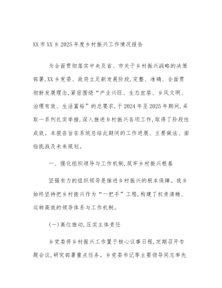 XX市XX乡2025年度乡村振兴工作情况报告