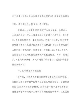 关于检查《中华人民共和国未成年人保护法》实施情况的报告