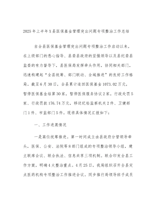 2025年上半年X县医保基金管理突出问题专项整治工作总结