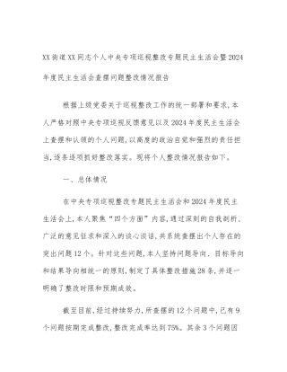 XX街道XX同志个人中央专项巡视整改专题民主生活会暨2024年度民主生活会查摆问题整改情况报告