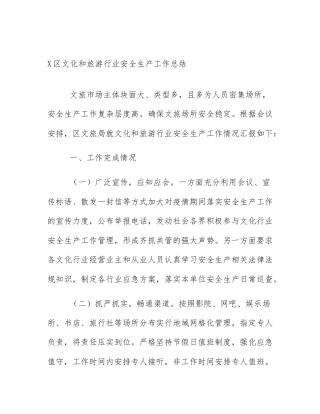 X区文化和旅游行业安全生产工作总结