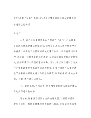 在XX县委“两新”工委(扩大)会议暨全县新兴领域党建工作推进会上的讲话