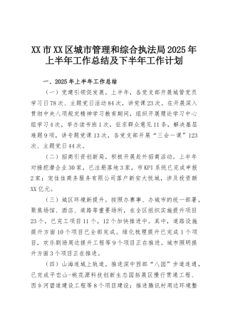XX市XX区城市管理和综合执法局2025年上半年工作总结及下半年工作计划