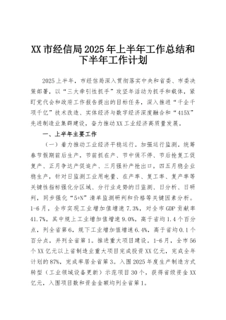 XX市经信局2025年上半年工作总结和下半年工作计划
