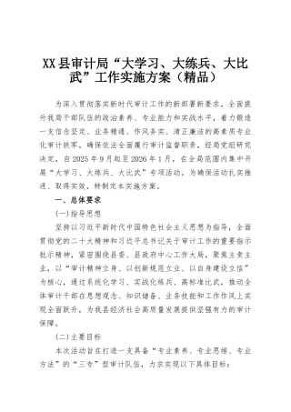 XX县审计局“大学习、大练兵、大比武”工作实施方案（精品）