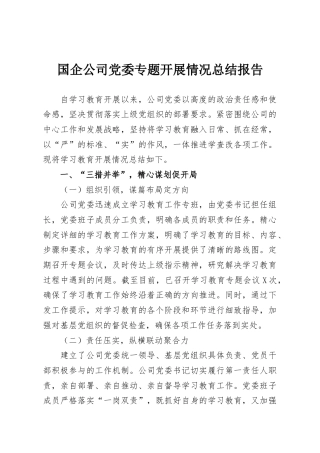 国企公司党委专题开展情况总结报告