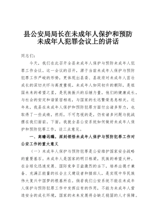 县公安局局长在未成年人保护和预防未成年人犯罪会议上的讲话