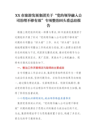 XX市旅游发展集团关于“党的领导融入公司治理不够有效”专项整治回头看总结报告