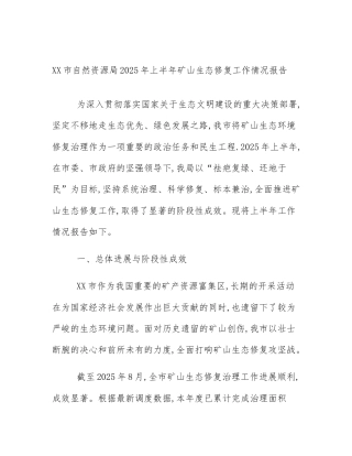XX市自然资源局2025年上半年矿山生态修复工作情况报告