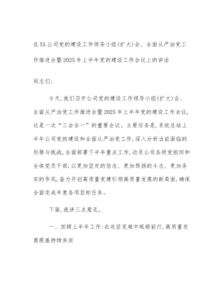 在XX公司党的建设工作领导小组(扩大)会、全面从严治党工作推进会暨2025年上半年党的建设工作会议上的讲话