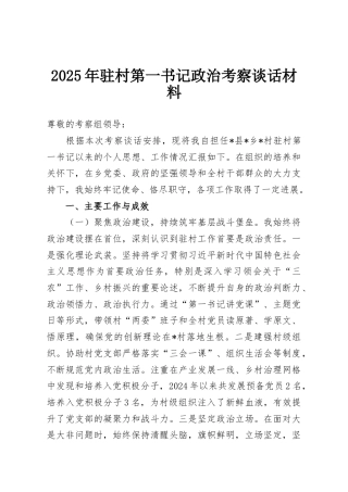 2025年驻村第一书记政治考察谈话材料