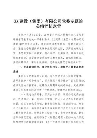 XX建设（集团）有限公司党委专题的总结评估报告