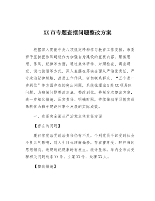 XX市专题查摆问题整改方案