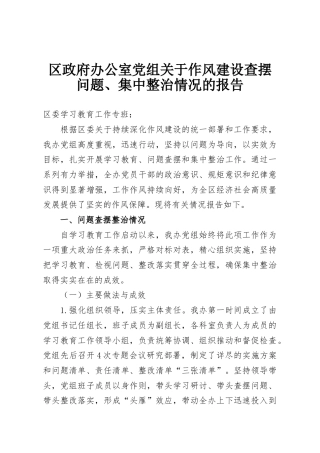 区政府办公室党组关于作风建设查摆问题、集中整治情况的报告